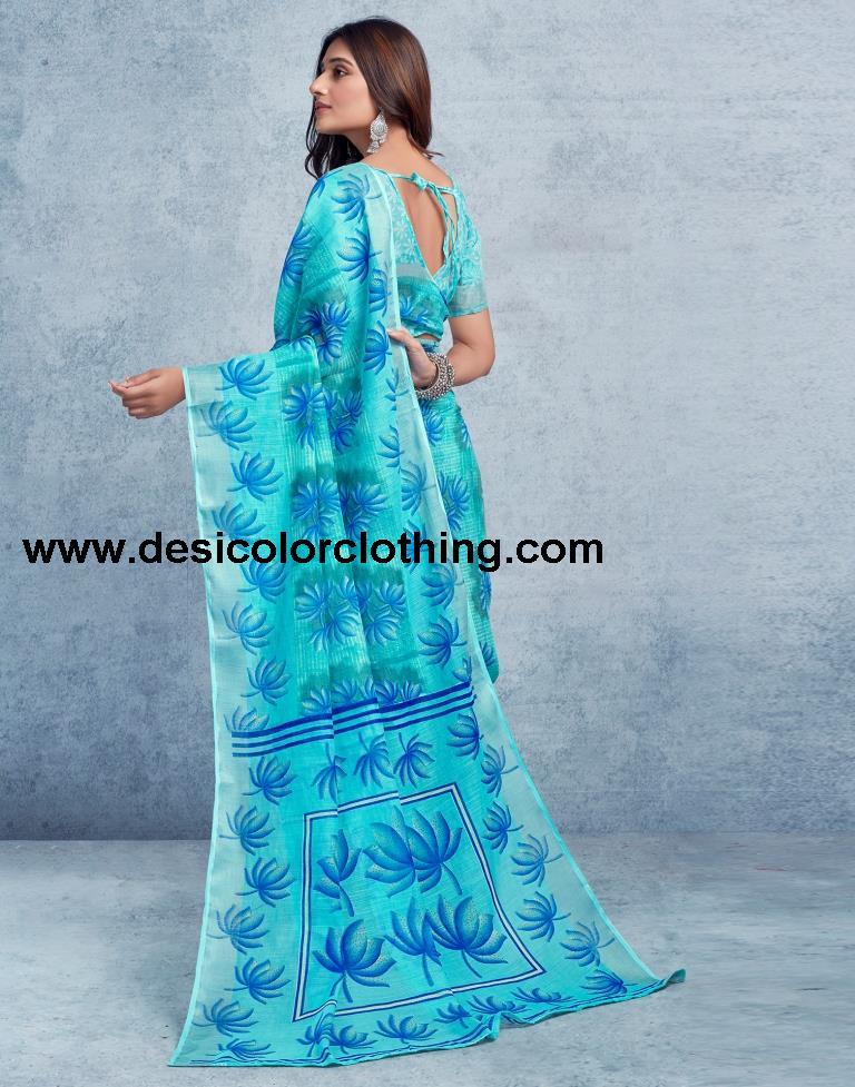 Turquoise Linen Printed  Saree