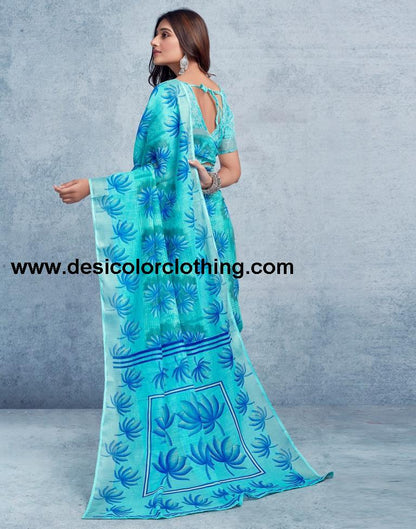 Turquoise Linen Printed  Saree