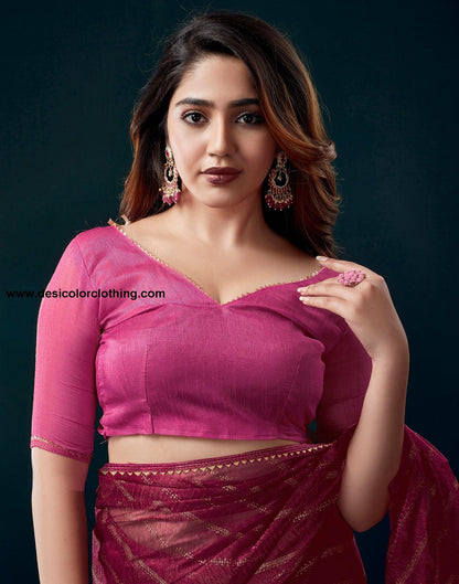 Dark Pink Chiffon Plain Saree