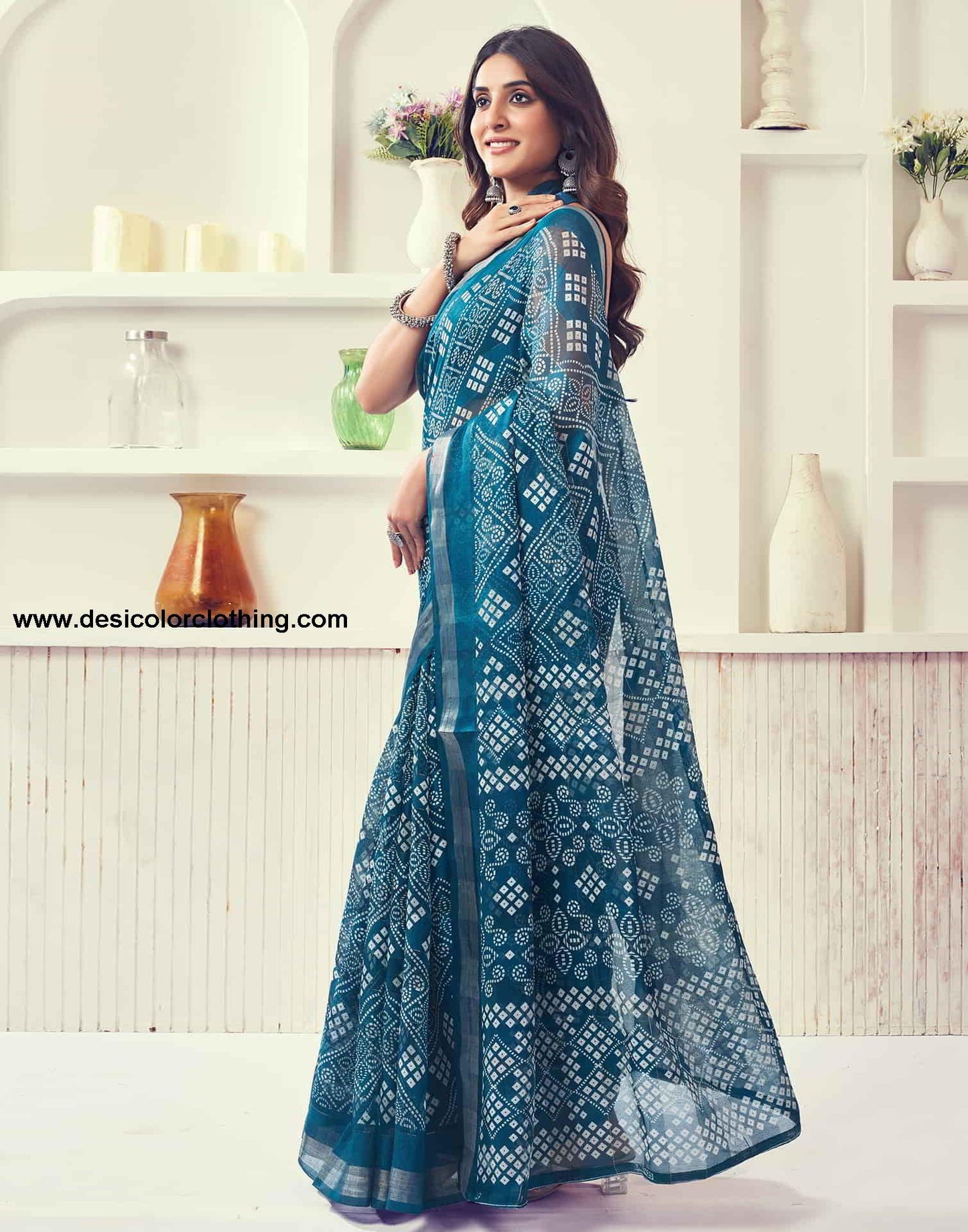 Blue Printed Cotton Bandhani Saree