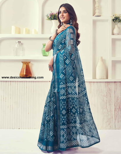 Blue Printed Cotton Bandhani Saree