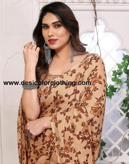 Brown Georgette Floral Printed Saree