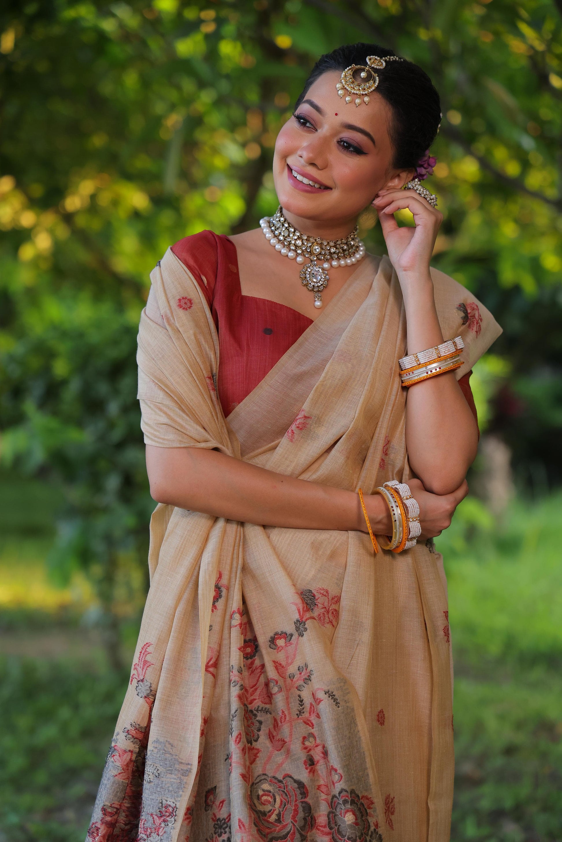 Product Image - Designer Muga Cotton Saree with Floral Weaving