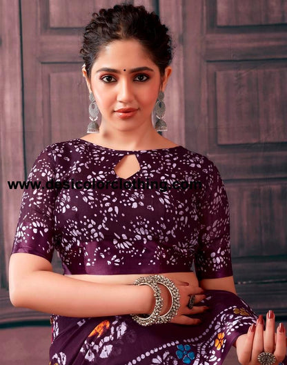 Purple  Cotton Printed Sarees