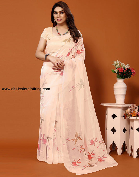 Cream Organza Printed Saree
