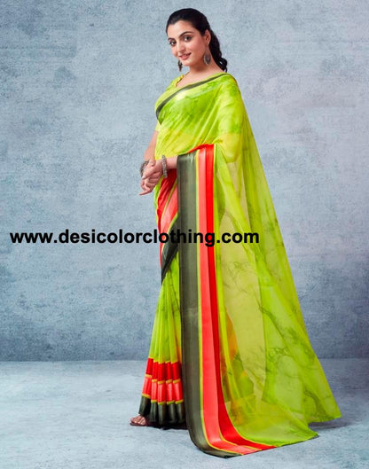 Parrot Green Georgette Printed  Saree