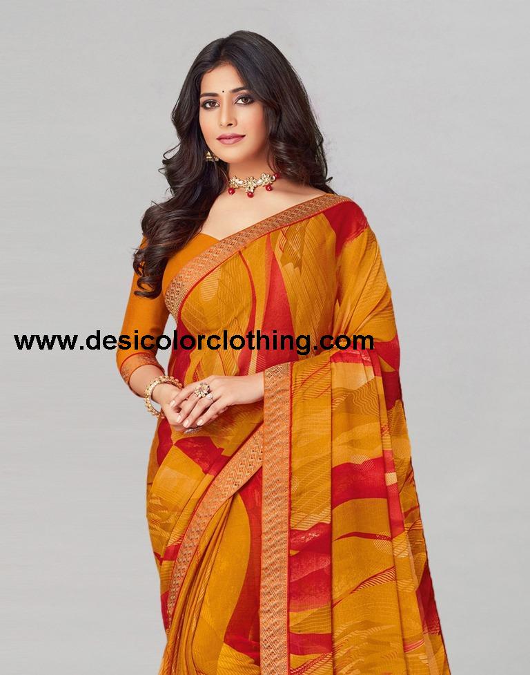Turmeric Yellow Coloured Chiffon Printed Saree | SLV2206S938