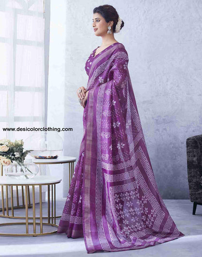 Purple Cotton Printed Saree