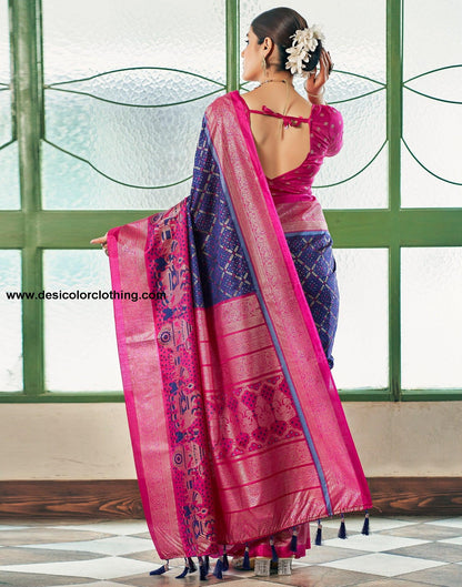 Dark Blue Silk Printed Saree