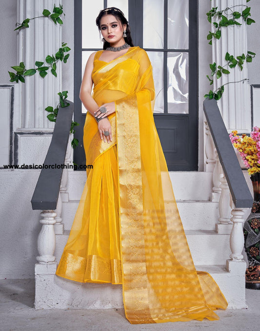 Turmeric Yellow Plain Organza Saree
