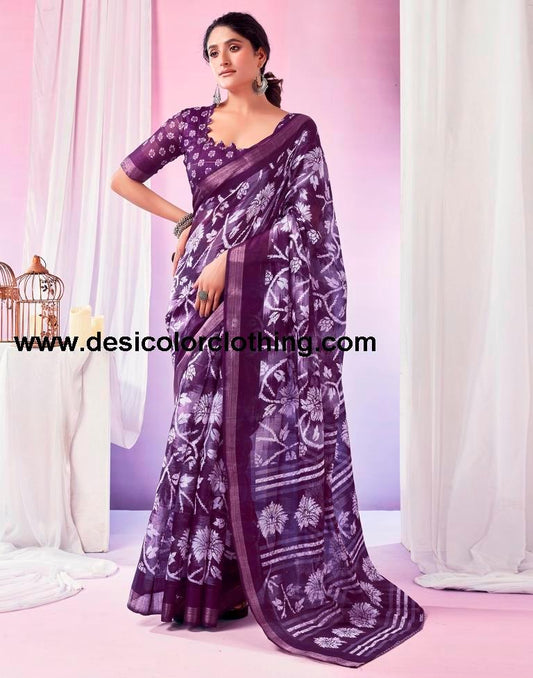 Dark Purple Cotton Zari Saree