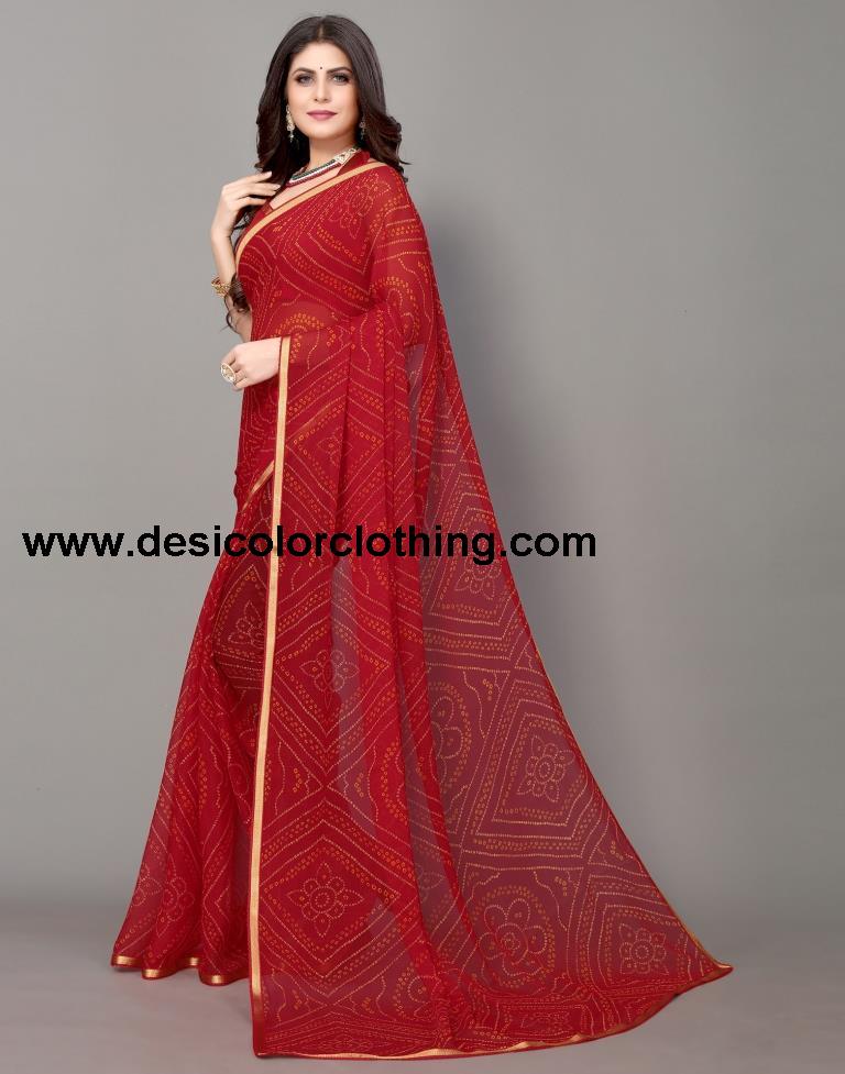 Red Bandhani Printed Saree