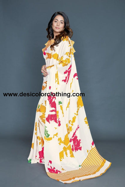White Coloured silk Satin Printed Saree