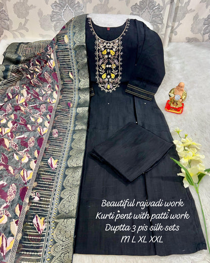 Product Image - Designer Handwork Kurti with Pant & Dupatta Set in Premium Roman Silk – Festive & Wedding Ready