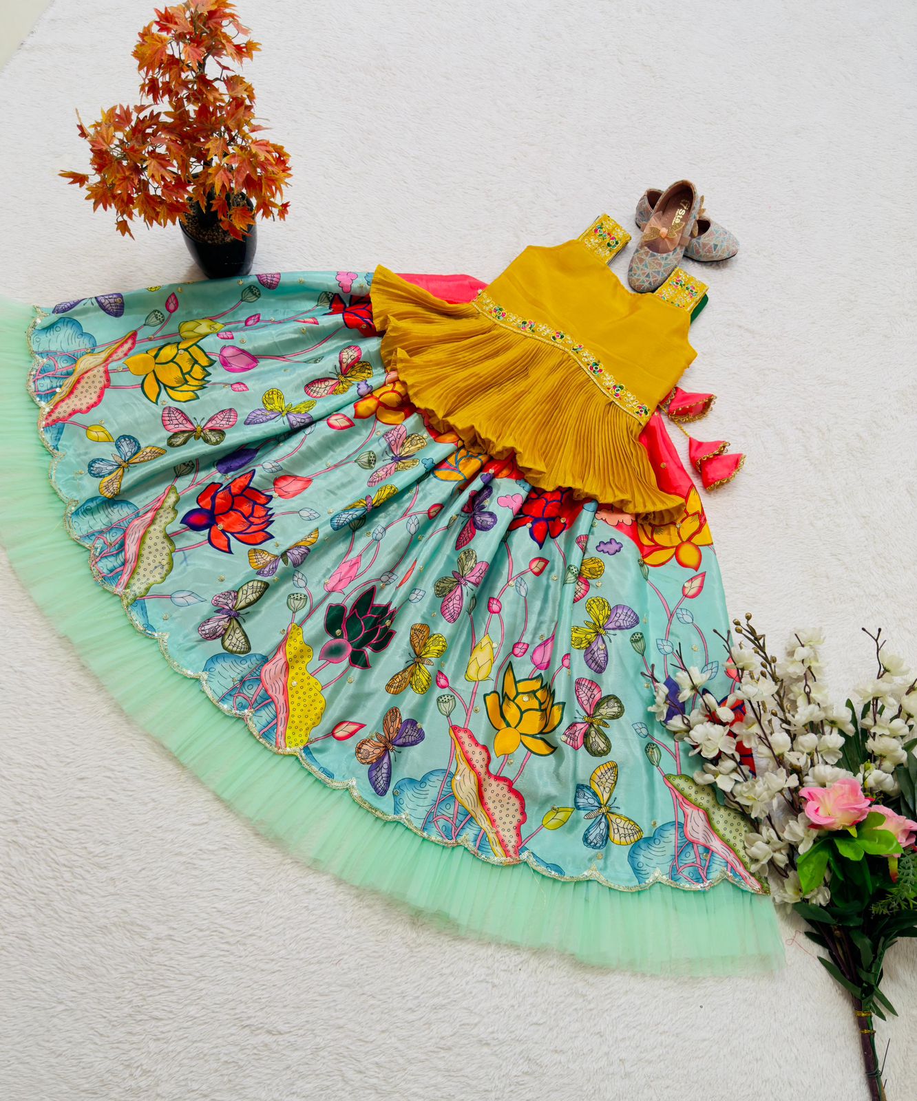 Product Image - Elegant Kalam Kari Kids Lehenga Set - Chinon Silk Embroidered Ethnic Wear