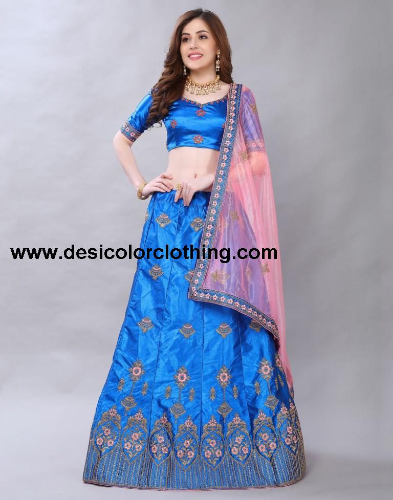 Sparkling Blue Coloured Satin Silk Embroidered Casual Wear Lehenga | SLV119L10391