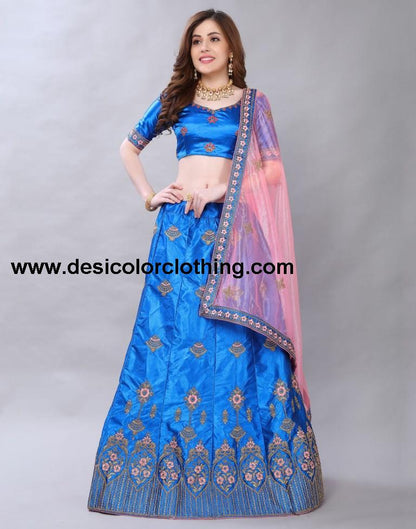 Sparkling Blue Coloured Satin Silk Embroidered Casual Wear Lehenga | SLV119L10391