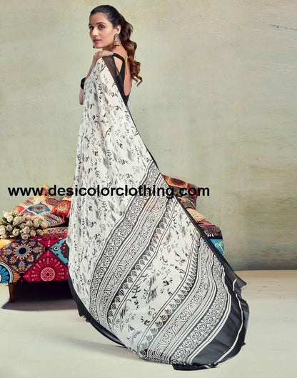 White Georgette Printed  Saree