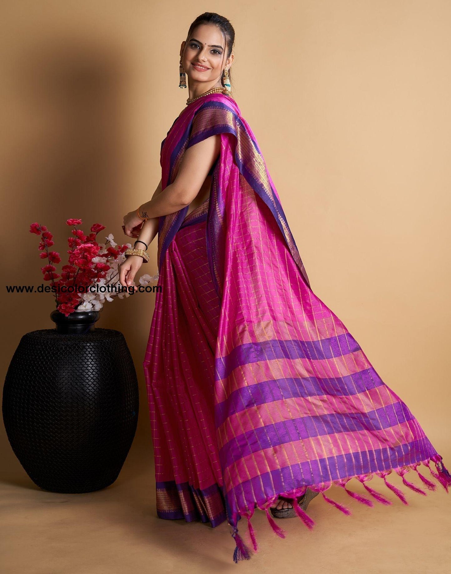 Pink Self Woven Silk Saree