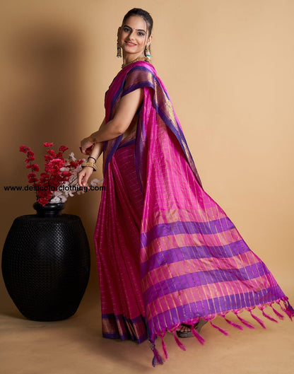 Pink Self Woven Silk Saree