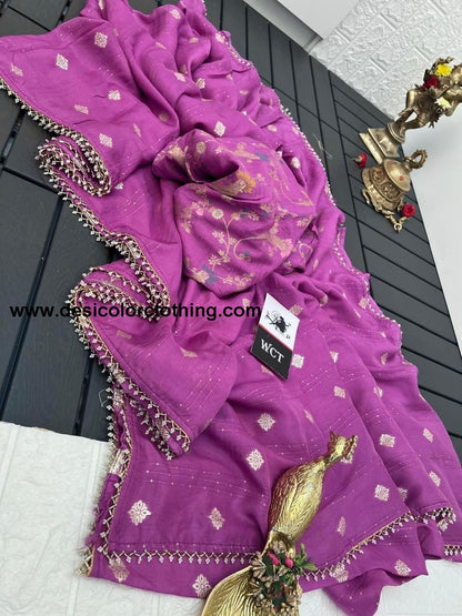Pure viscose Russian Dola Crepe with sequence weaving and jacquard butti with pearls lace with fancy blouse