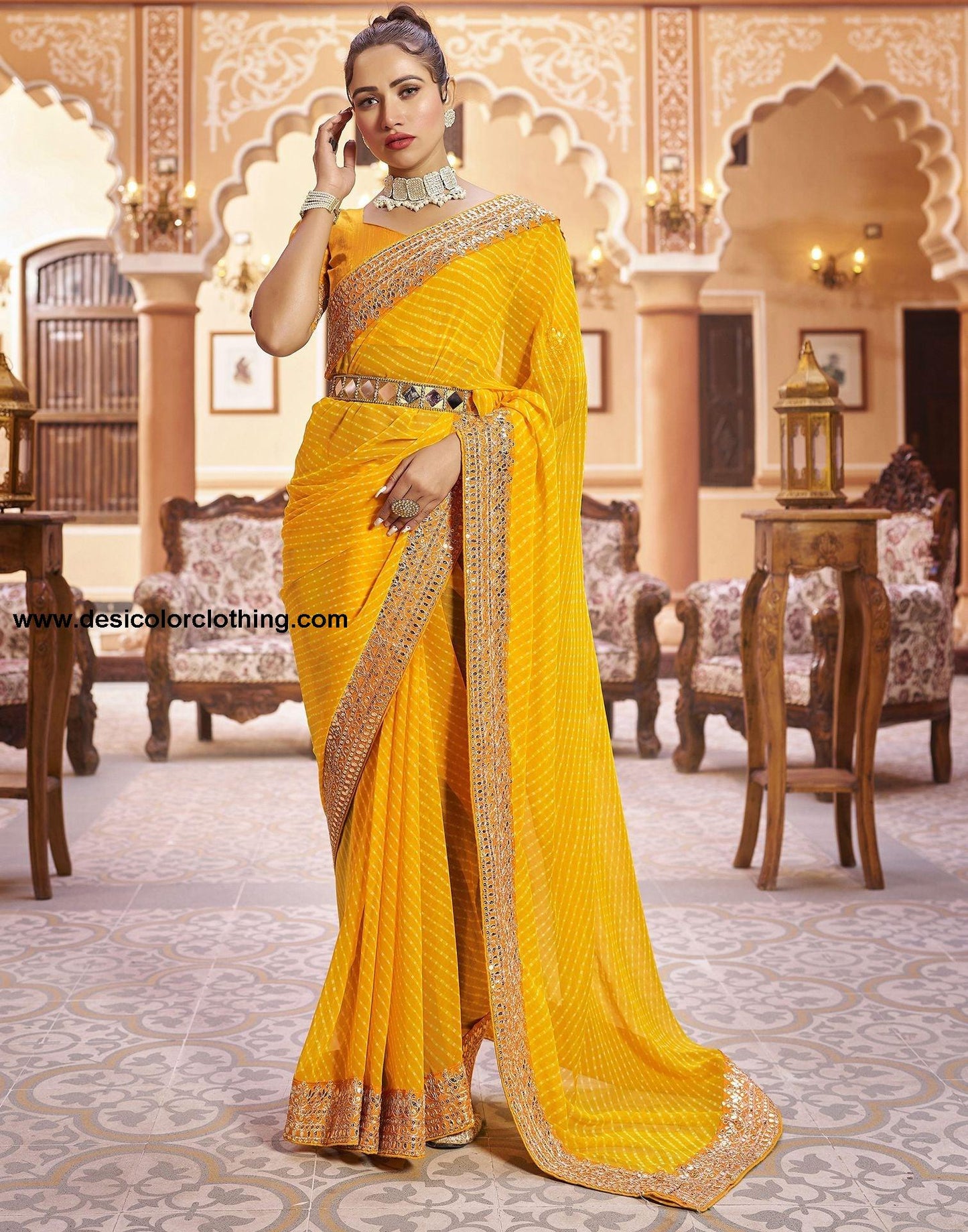 Yellow Plain Gergette Saree