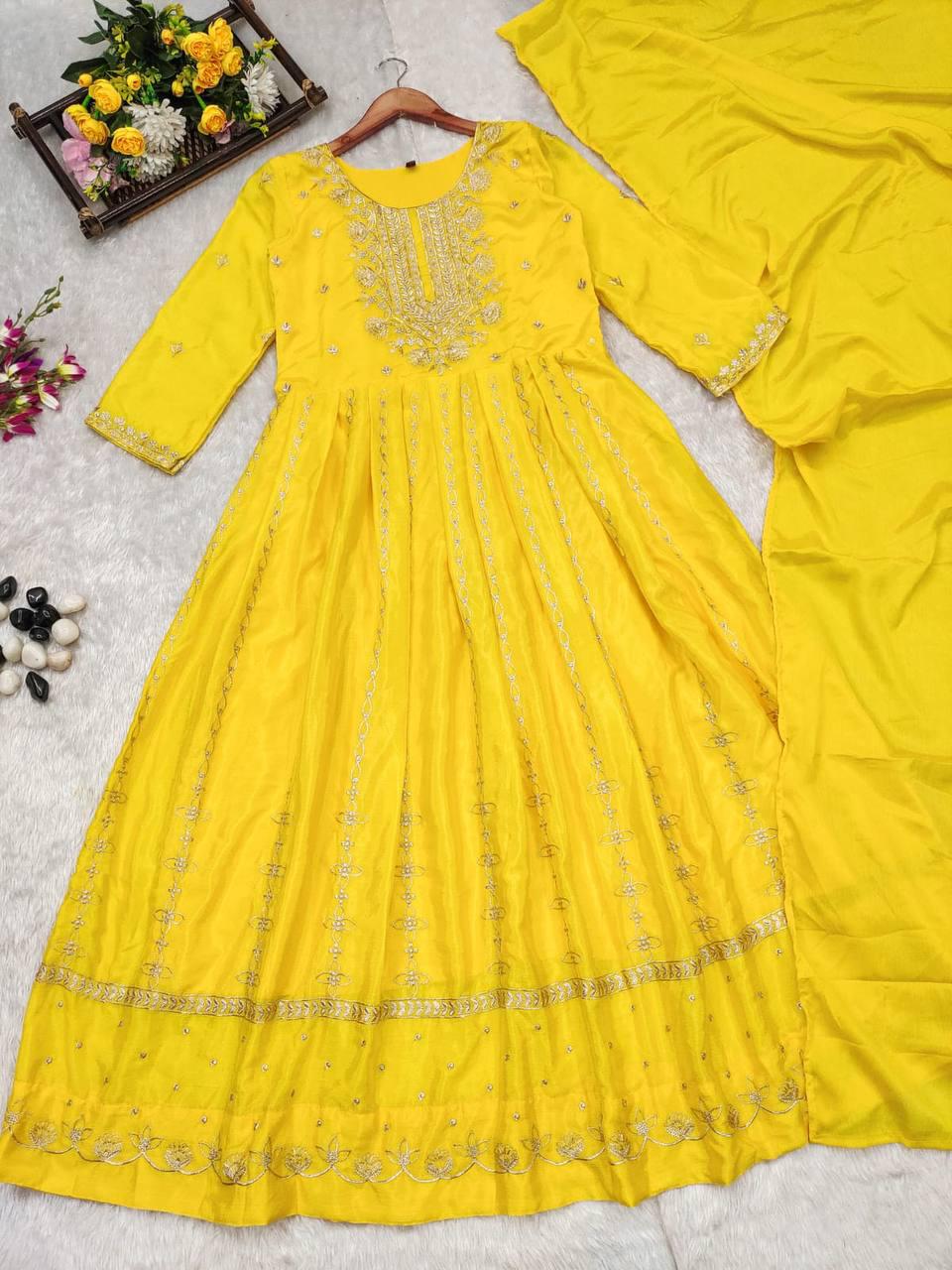 Product Image - ANAYA - Elegant Embroidered Chinnon Anarkali Dress