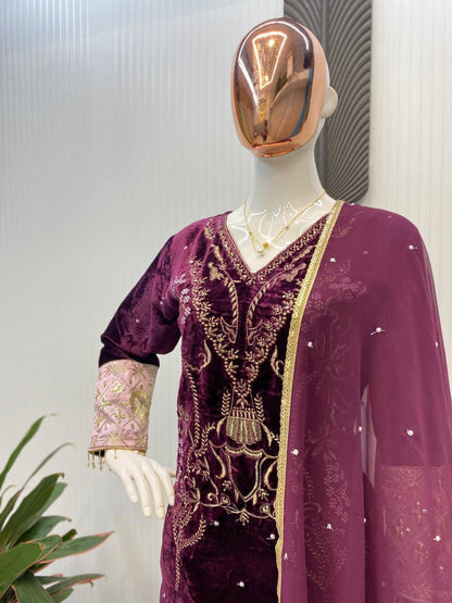 Product Image - Designer Velvet Sequence Embroidery Suit with Dupatta