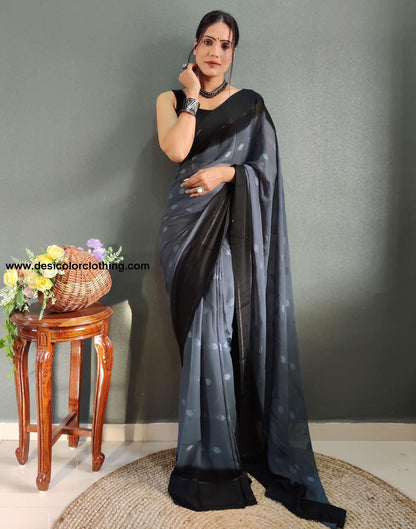 Steel Blue Plain Georgette Pre-draped Saree