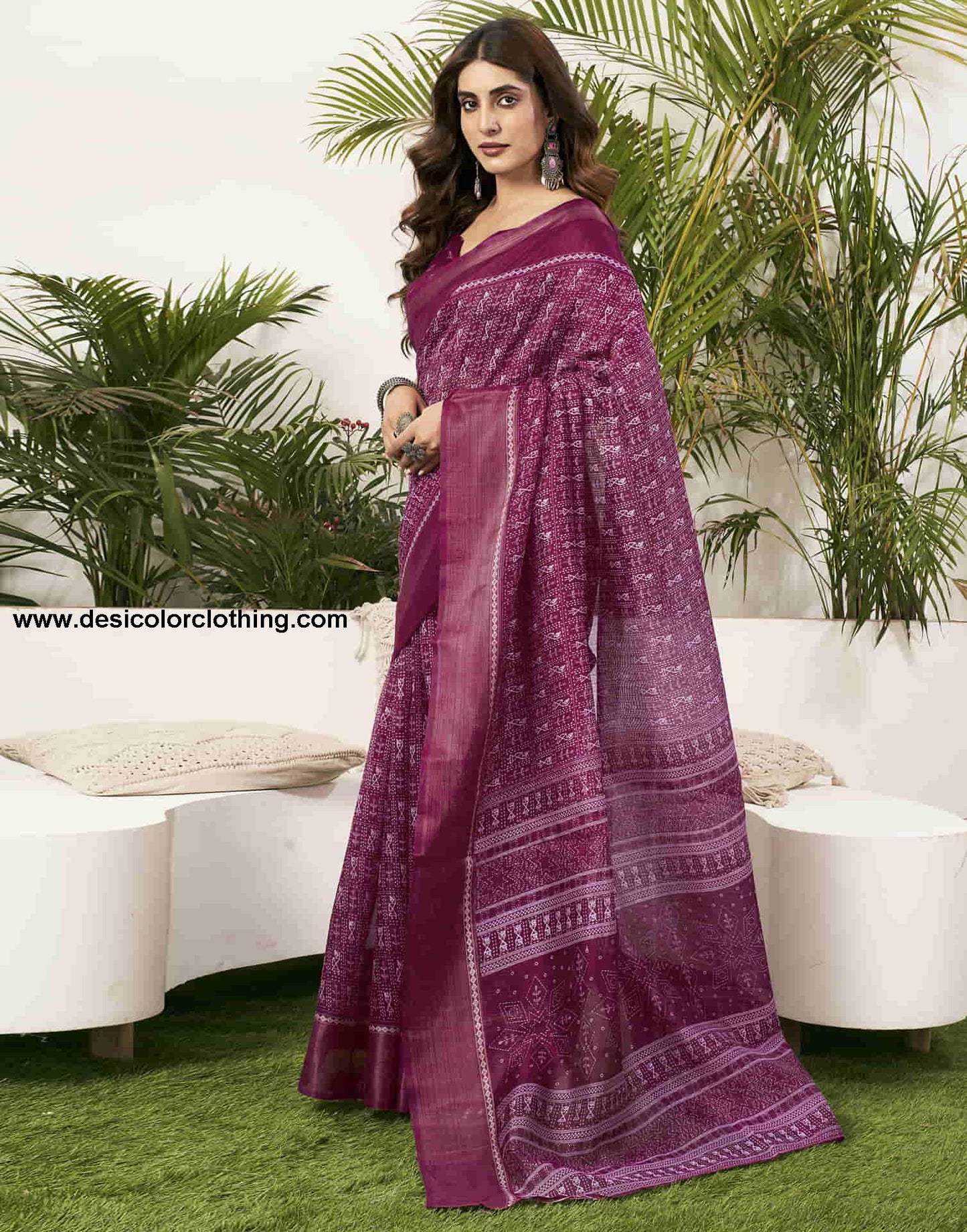 Wine Cotton Printed Saree