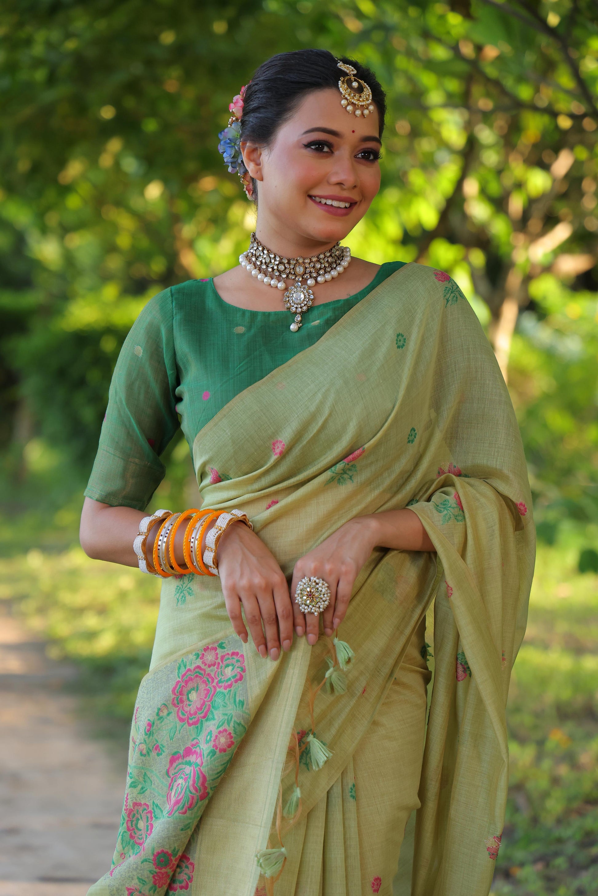 Product Image - Designer Muga Cotton Saree with Floral Weaving