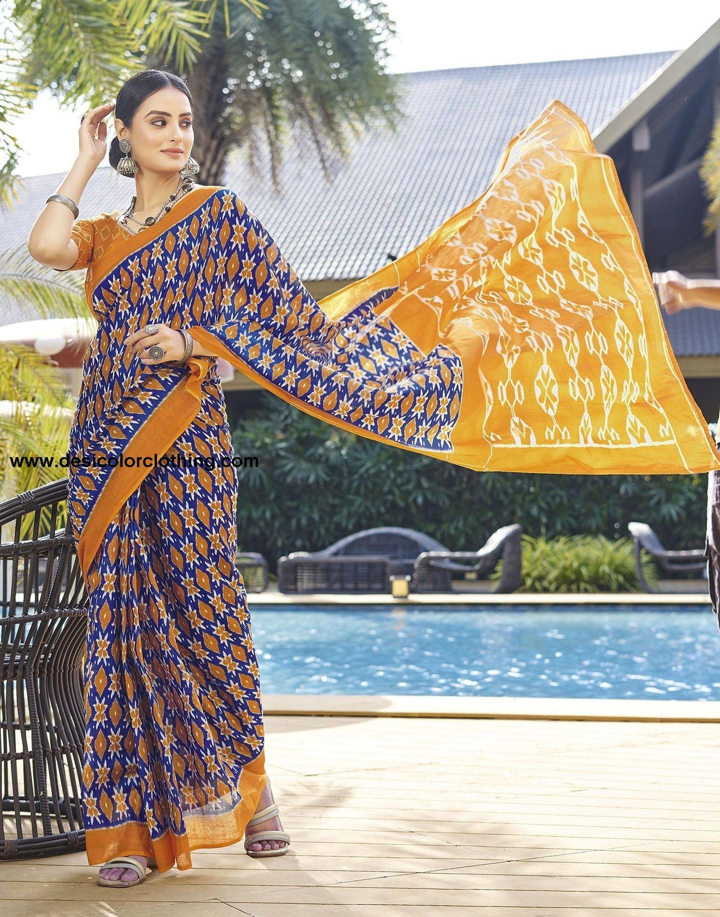 Blue Printed Cotton Pre-Draped Saree
