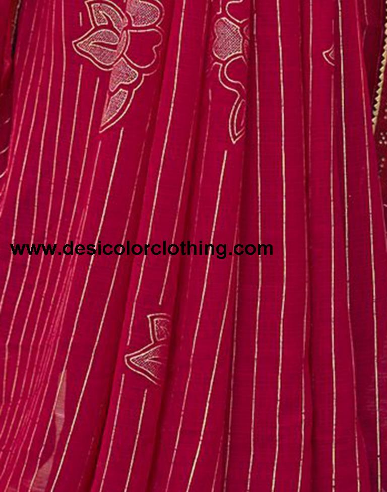 Red Striped Chiffon Printed Saree