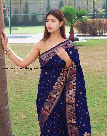 Blue & Golden Poly Silk Saree with Jacquard Border