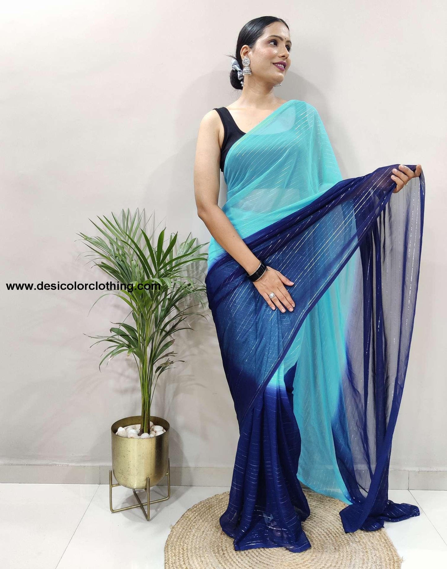Black Banglori Silk Blouse & Blue Georgette Saree with Jari Stripes