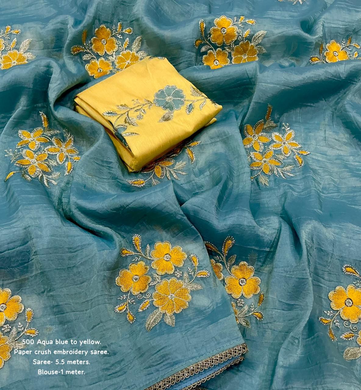 Product Image - Designer Paper Crush Saree - Aqua Blue to Yellow