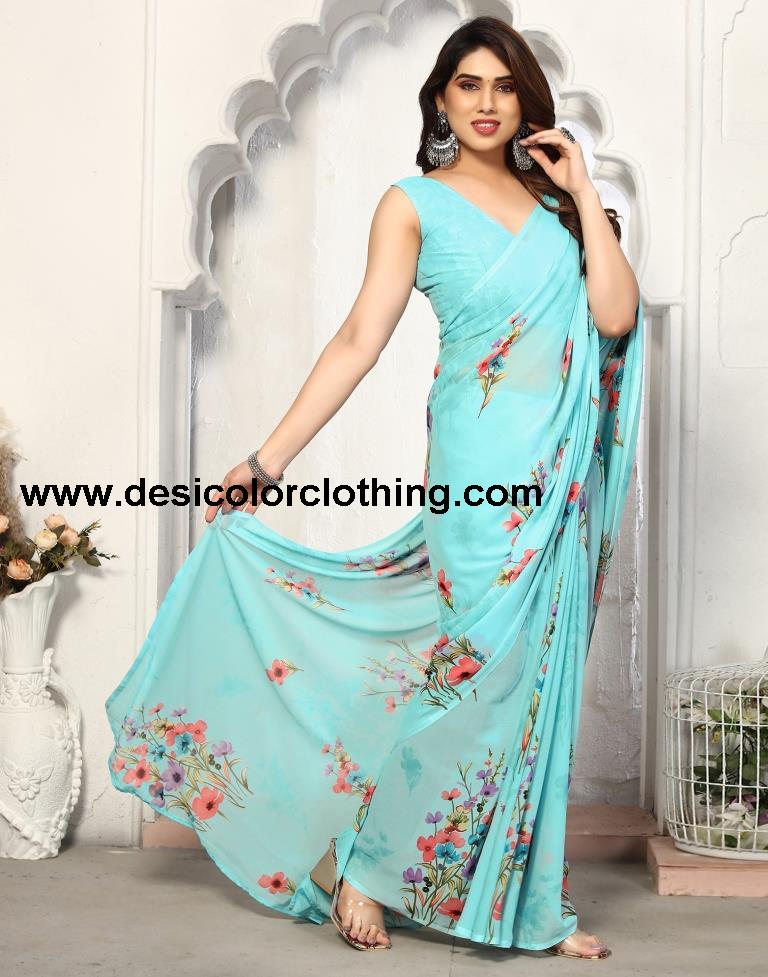 Sky Blue Georgette Printed Saree