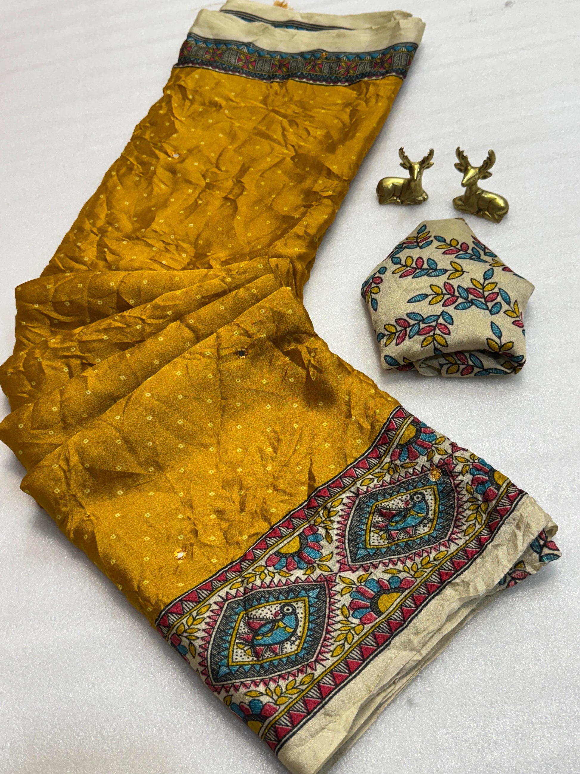 Product Image - Designer Kalamkari Bandhej Saree with Royal Mirror Work