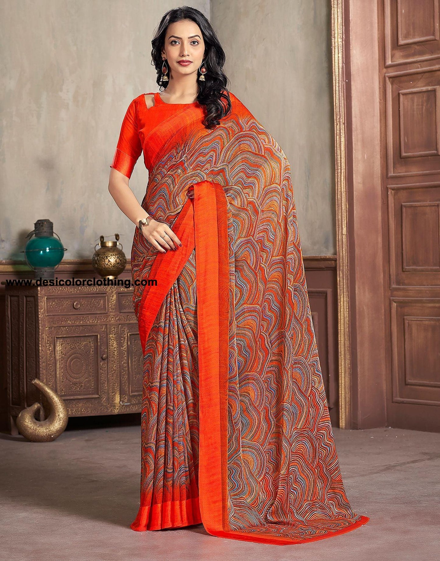 Orange Printed Chiffon Saree