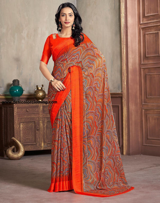 Orange Printed Chiffon Saree