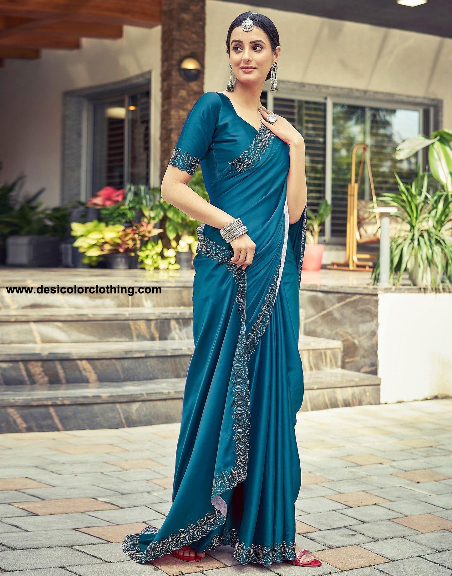 Dark Blue Satin Silk Saree with Stone Work Border & Matching Blouse