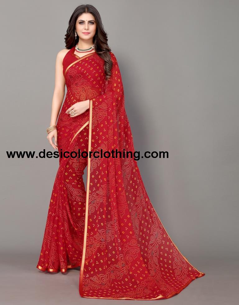 Red Bandhani Printed Saree