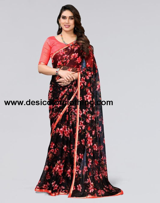 Black Printed Chiffon Saree