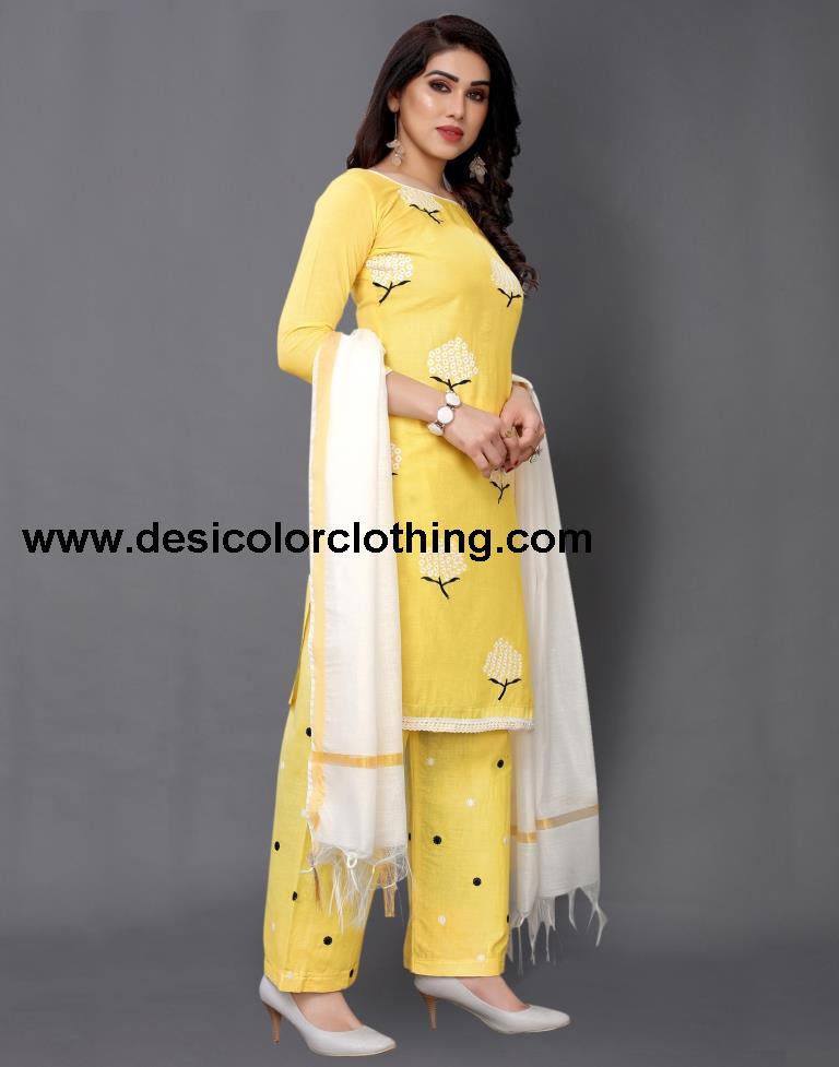 Yellow Cotton Embroidered Unstitched Salwar Suit