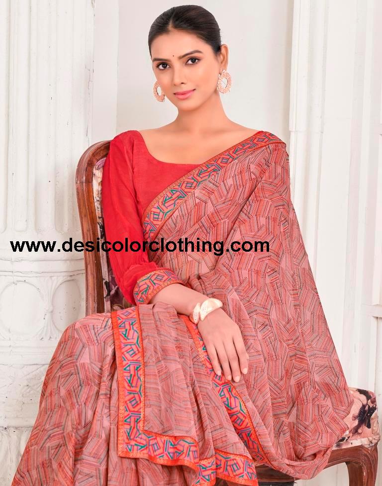 Dusty Peach Chiffon Printed Saree