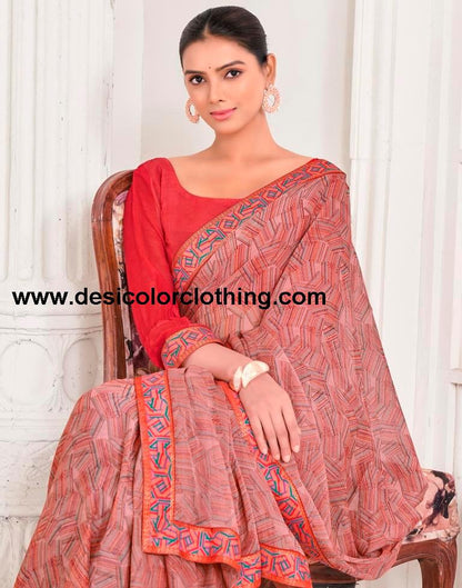 Dusty Peach Chiffon Printed Saree
