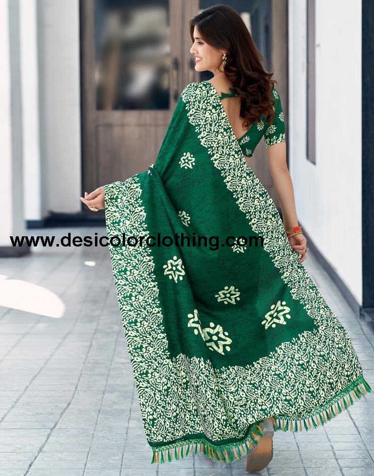 Bottle Green Silk Printed Saree