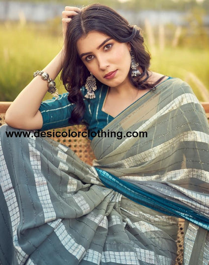 Teal Blue Georgette Plain Saree