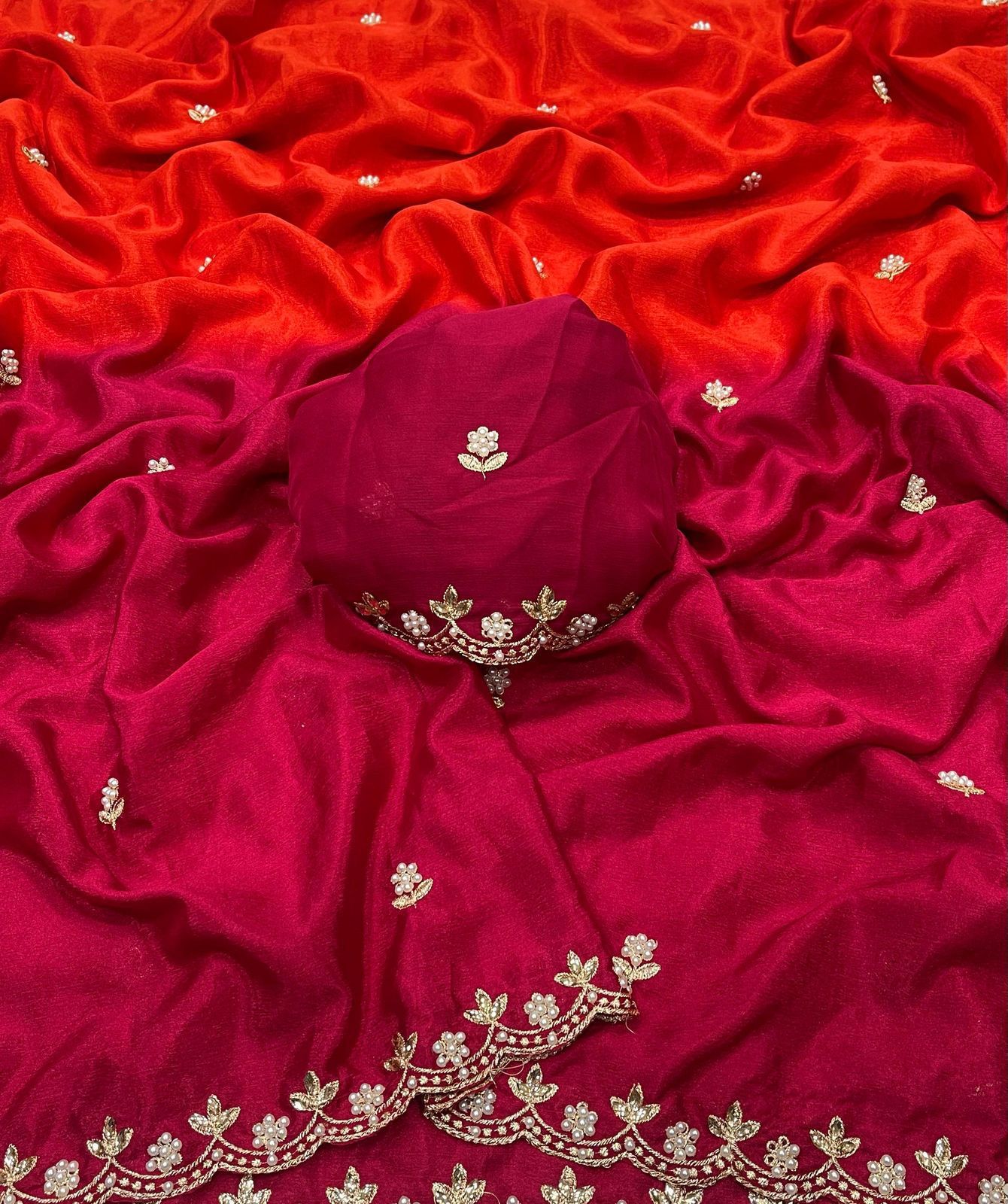 Product Image - Designer Chinnon Saree with Embroidery and Moti Work