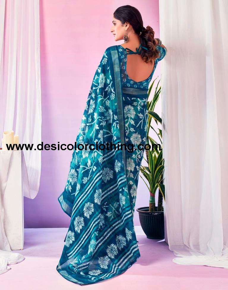 Teal Blue Cotton Zari Saree